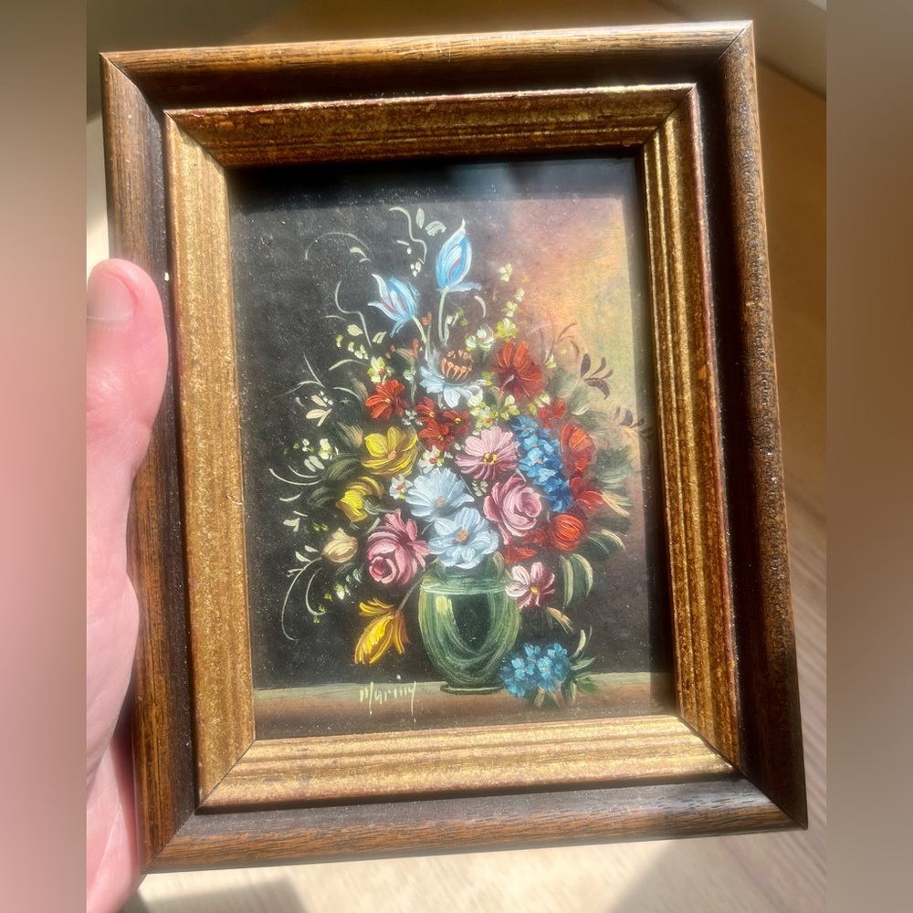 Vintage Italian Floral Oil Painting Mini Framed Mid Century Art From Lucca Italy